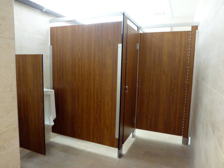 Ultimate Privacy, Floor Mounted Overhead Braced, Phenolic Black Core Toilet Partitions