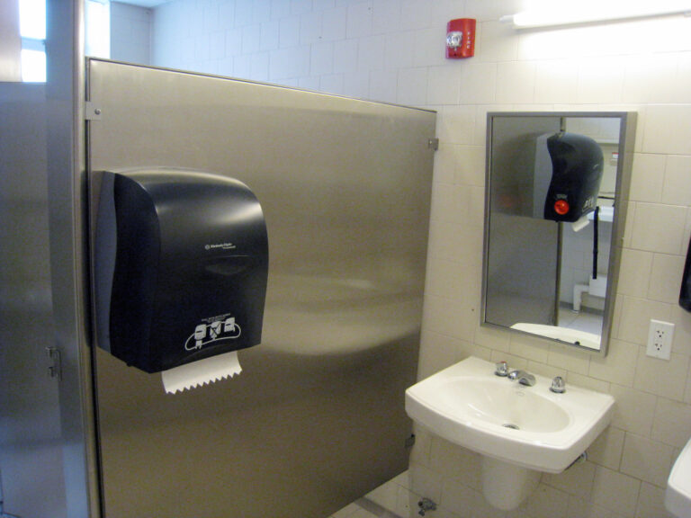 Floor to Ceiling, Stainless Steel Toilet Partitions, Paper Towel Dispenser