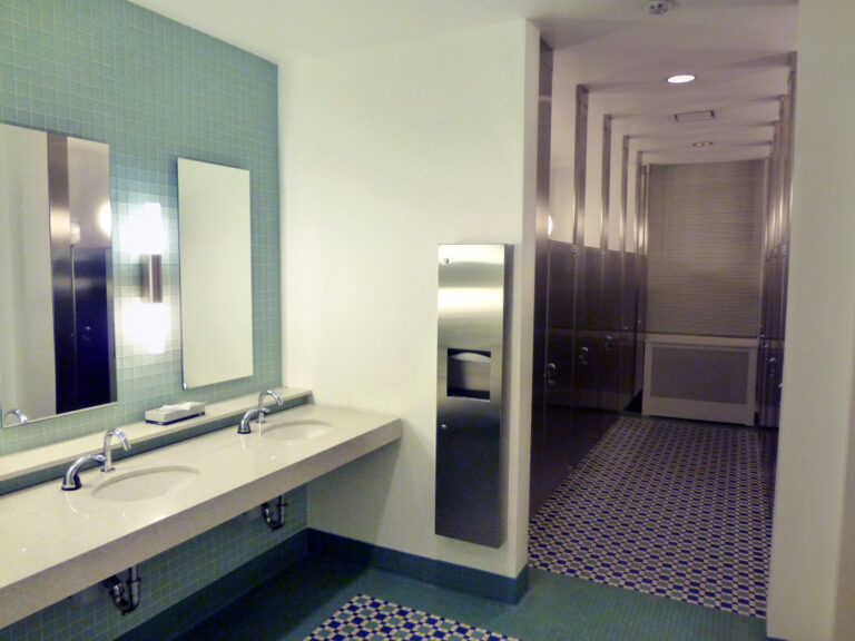 Ceiling Anchored, Stainless Steel Toilet Partitions, Paper Towel Dispensers, Waste Receptacle