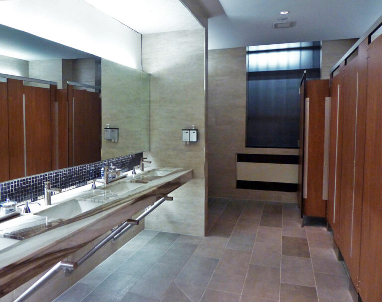 Ultimate Privacy, Floor Mounted Overhead Braced, Phenolic Black Core Toilet Partitions